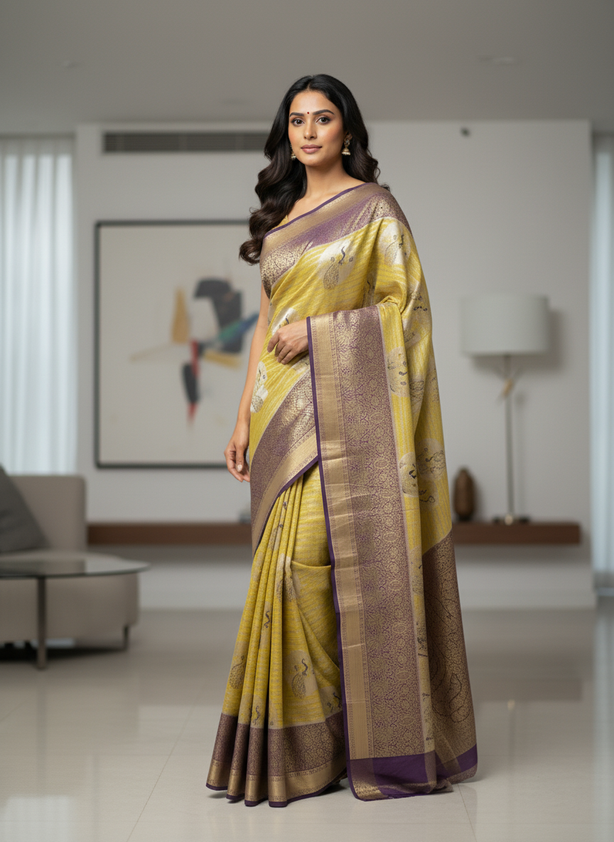 Semi silk Mustard Kanchipuram With Butta Design| AS-00134