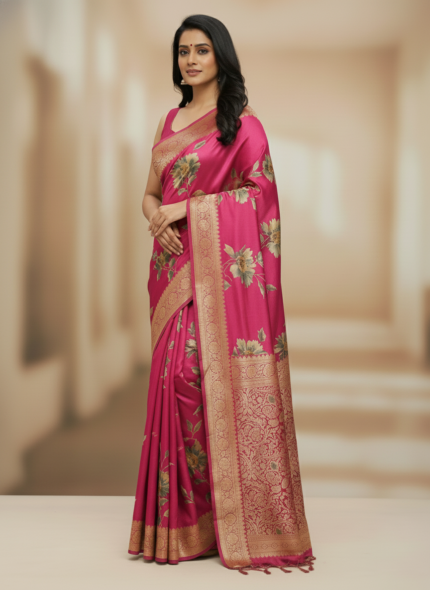 Rani pink  Floral Printed Chiffon Saree with Border| AS-00106