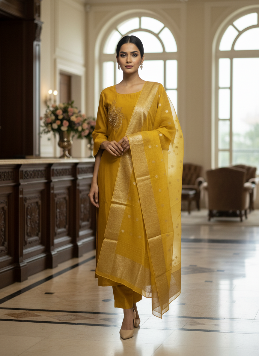 Elegant Mustard Kurta Set with Banarasi Dupatta| AS-00190