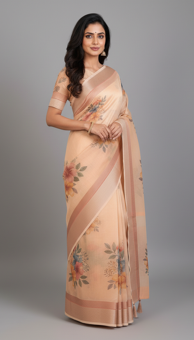 Peach Designer Organza Tissue Silk Floral Print Saree with Blouse |DS26|