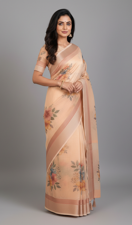 Peach Designer Organza Tissue Silk Floral Print Saree with Blouse |DS26|