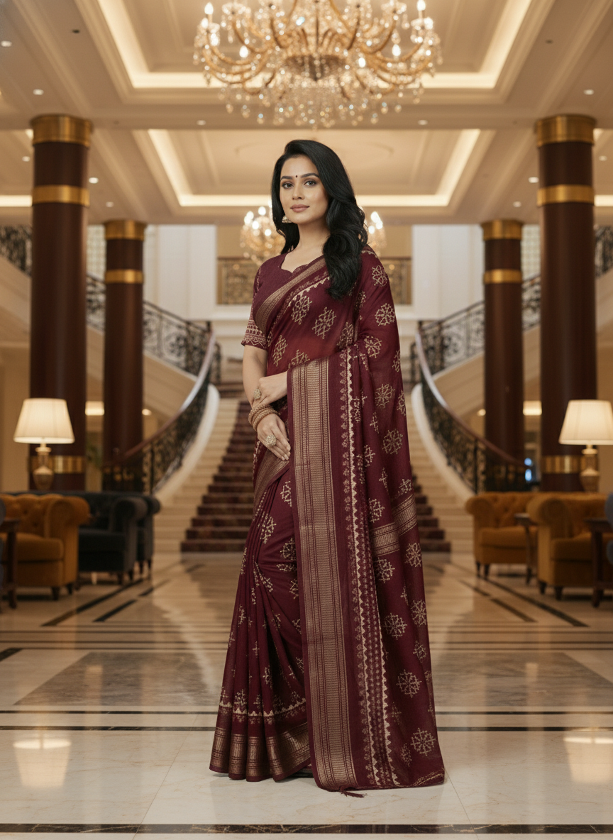 Maroon Floral Printed Chiffon Saree with Border| AS-00103