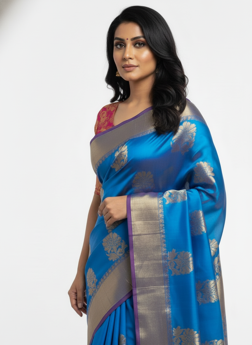 Blue Silk Saree in  with Zari Border|AS-0059