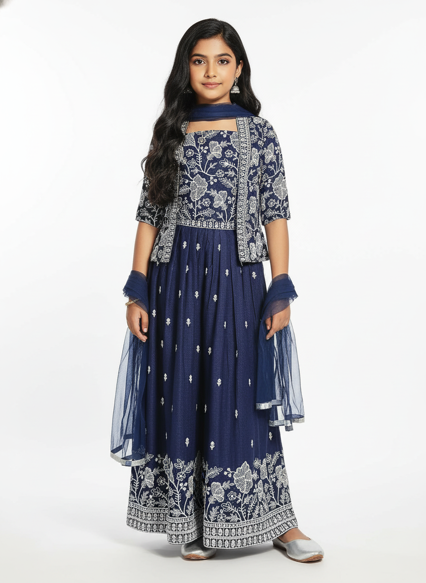 Navy Blue Embroidered Palazzo Set with Dupatta For Girls|AS-K8