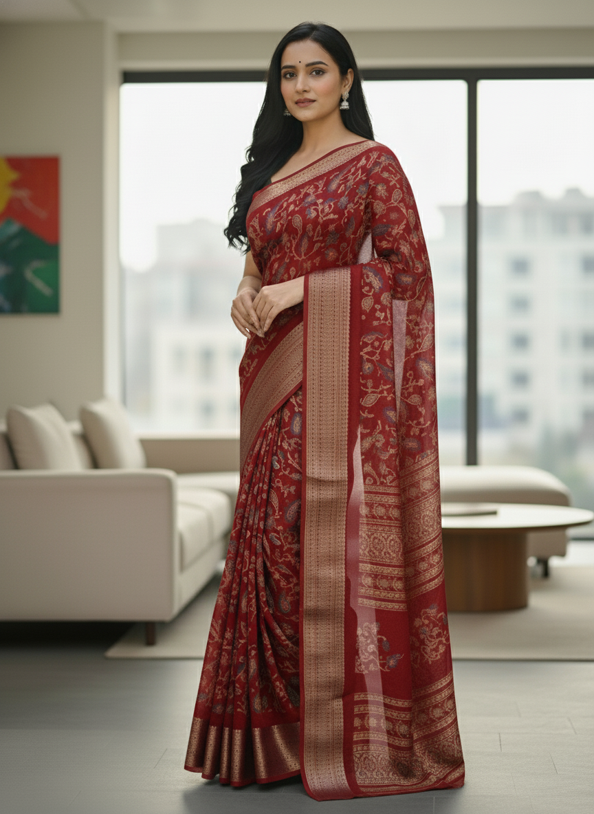 Navy Blue Floral Printed Chiffon Saree with Border| AS-00105