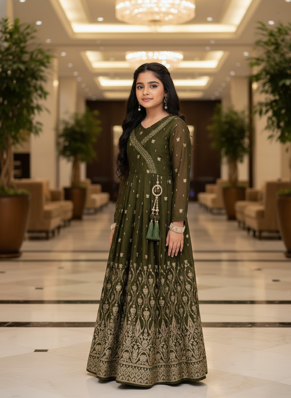 Classic mehandi Embroidered Ethnic Gown For Girls|AS-K10