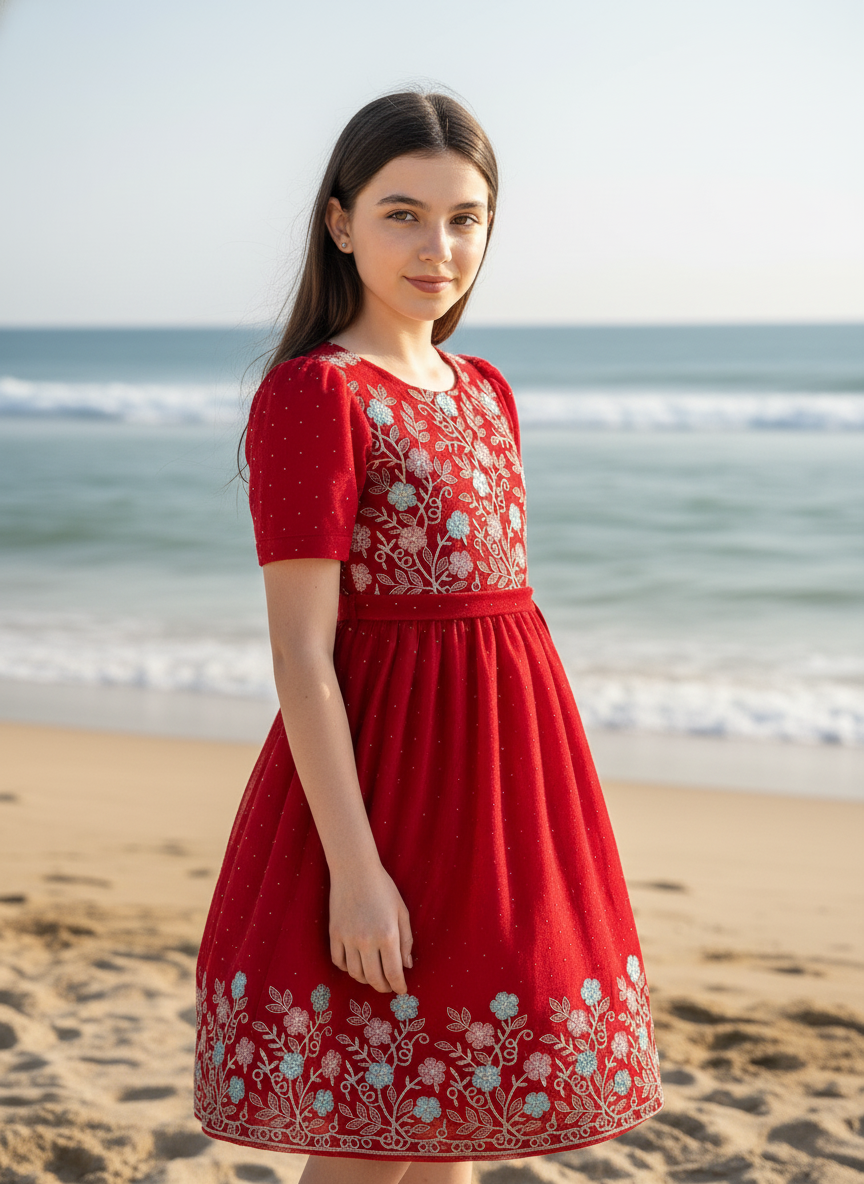 Red Floral  Party Frock For Girls|AS-K11