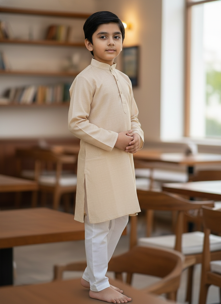 Beige Solid Kurta with white Pajama Set For Boys | AS-K2