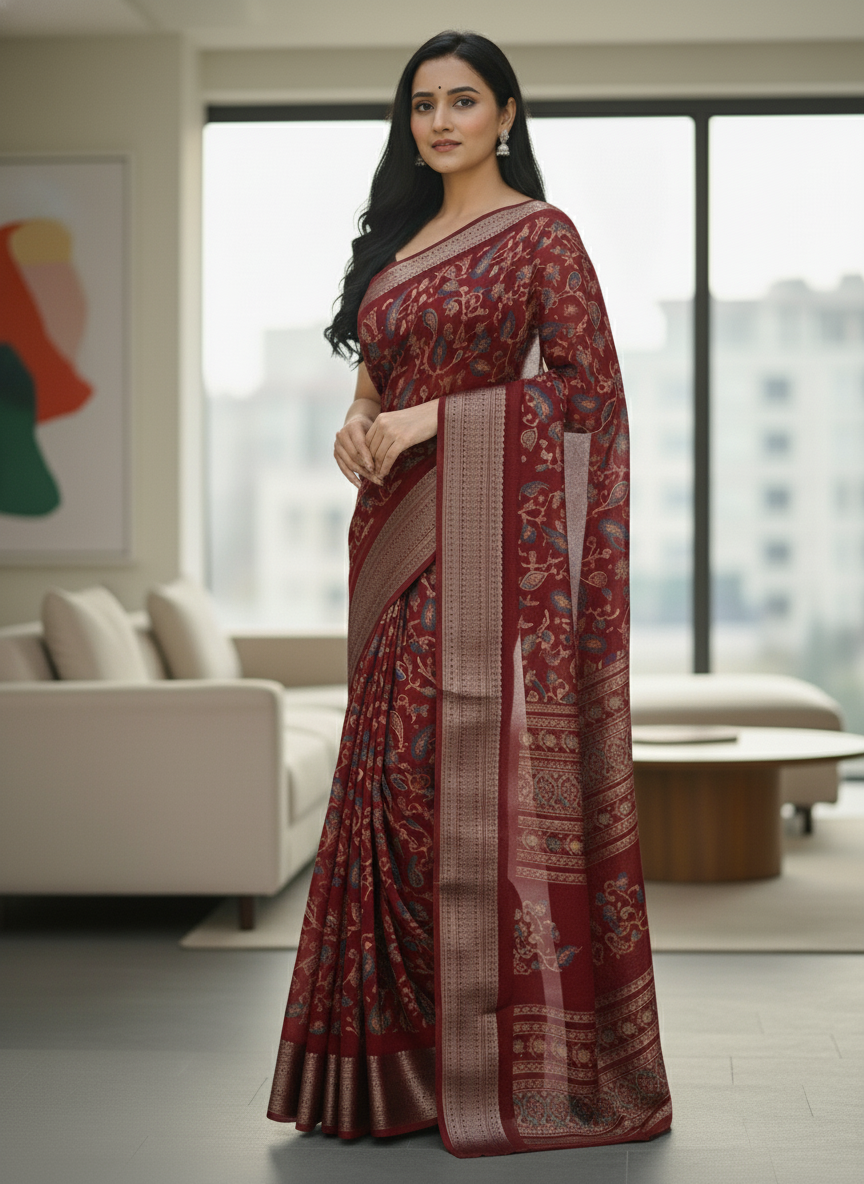 Navy Blue Floral Printed Chiffon Saree with Border| AS-00105