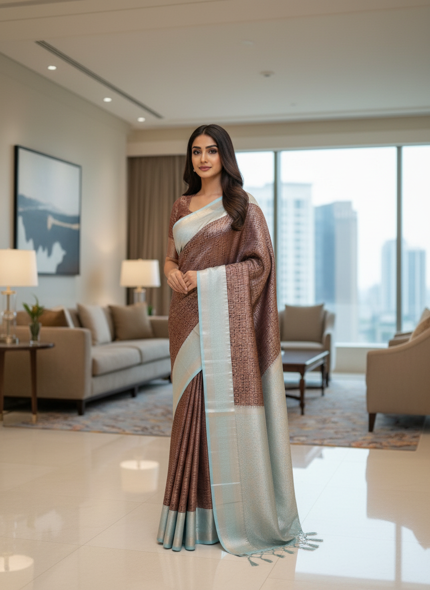 Brown Kanchipuram Silk Saree With Butta Design| AS-00128