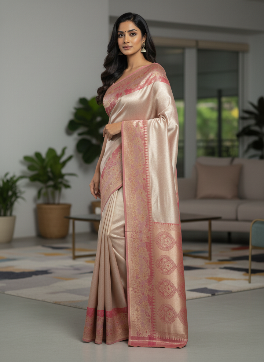 Beige  Kanchipuram Silk Saree With Butta Design| AS-00141