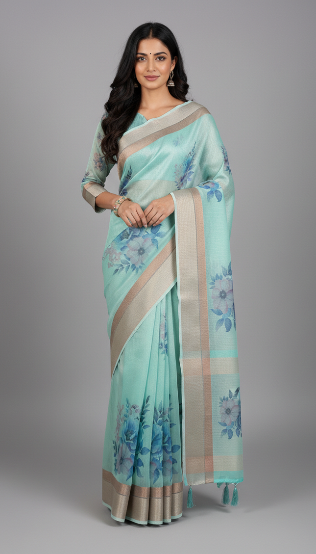 Aqua Blue Designer Organza Tissue Silk Floral Print Saree with Blouse |DS26|