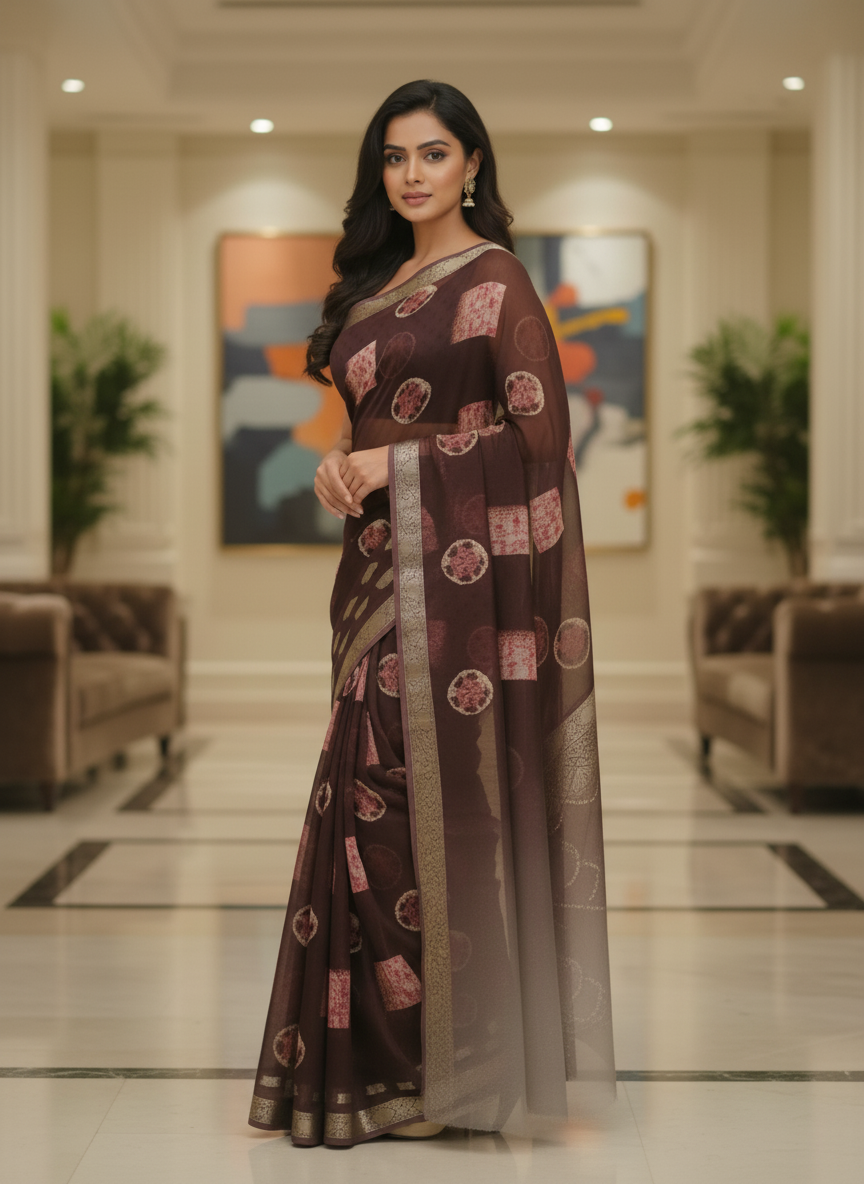 Brown Multicolor Saree with Pattern Print | AS-00117