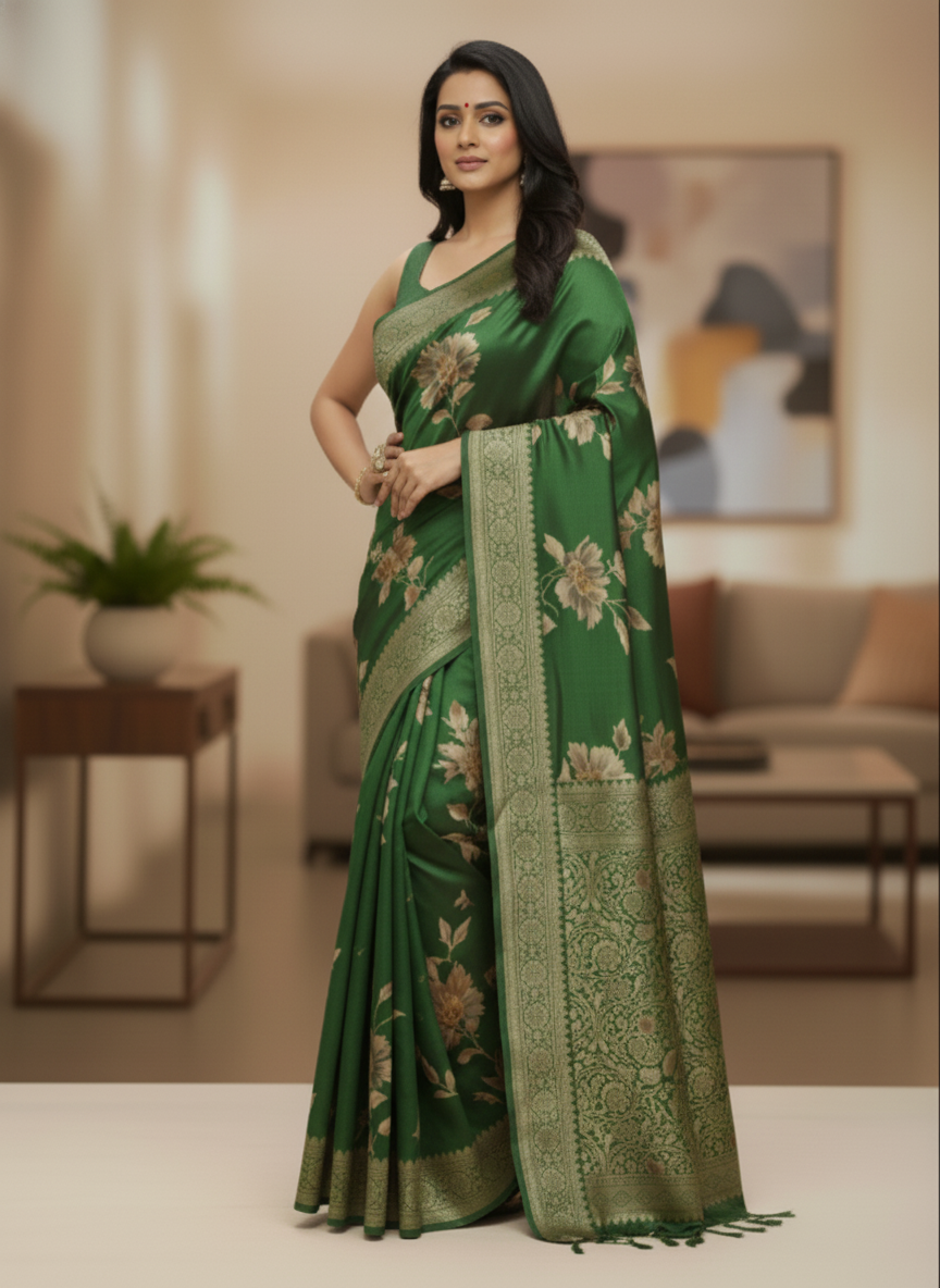 Rani pink  Floral Printed Chiffon Saree with Border| AS-00106