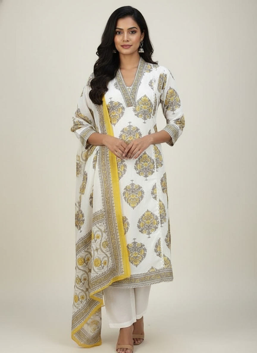 White Cotton Printed kurta set with Dupatta| AS-00158