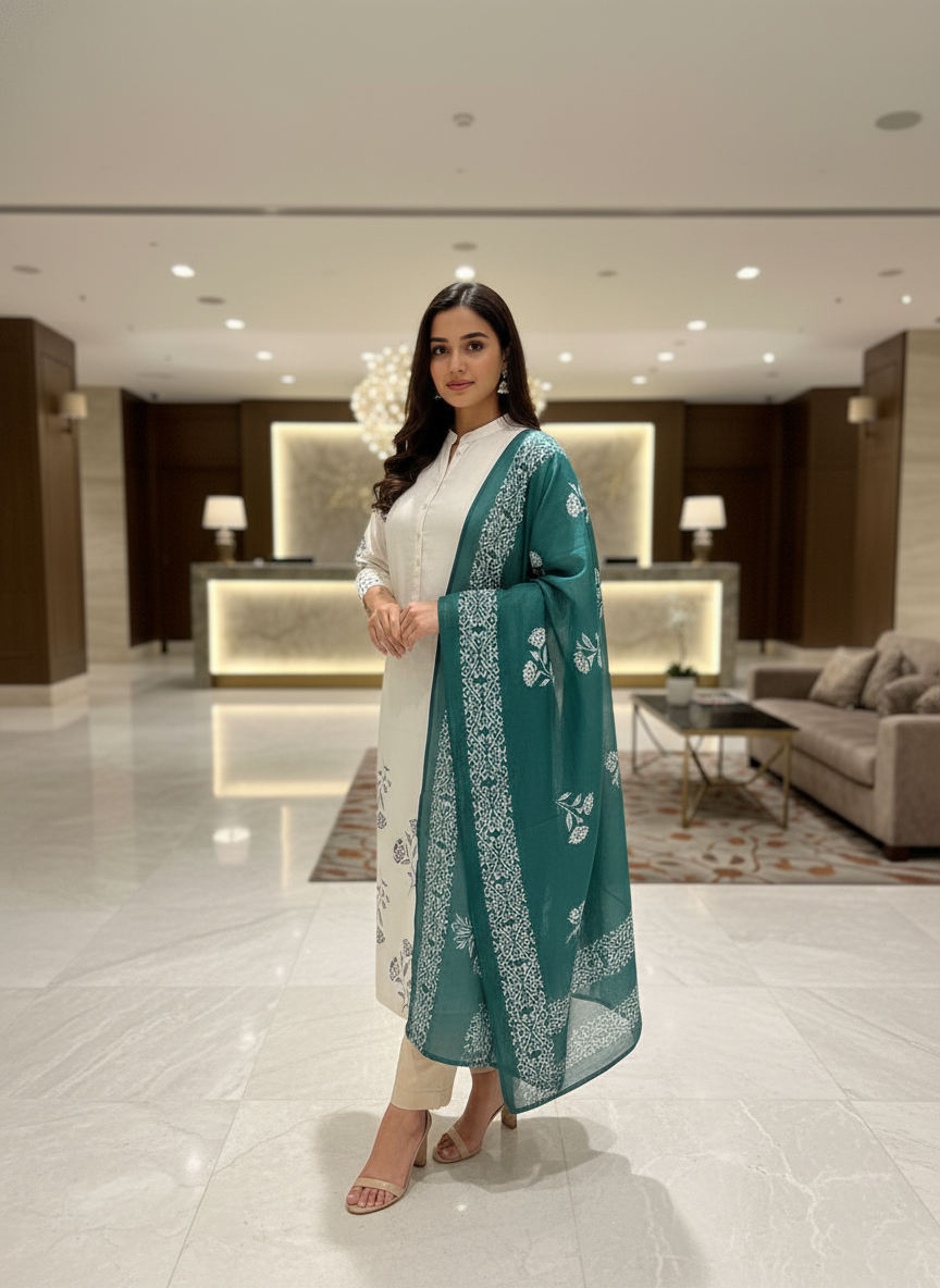 Cream Cotton Printed straight cut kurta with Dupatta| AS-00152