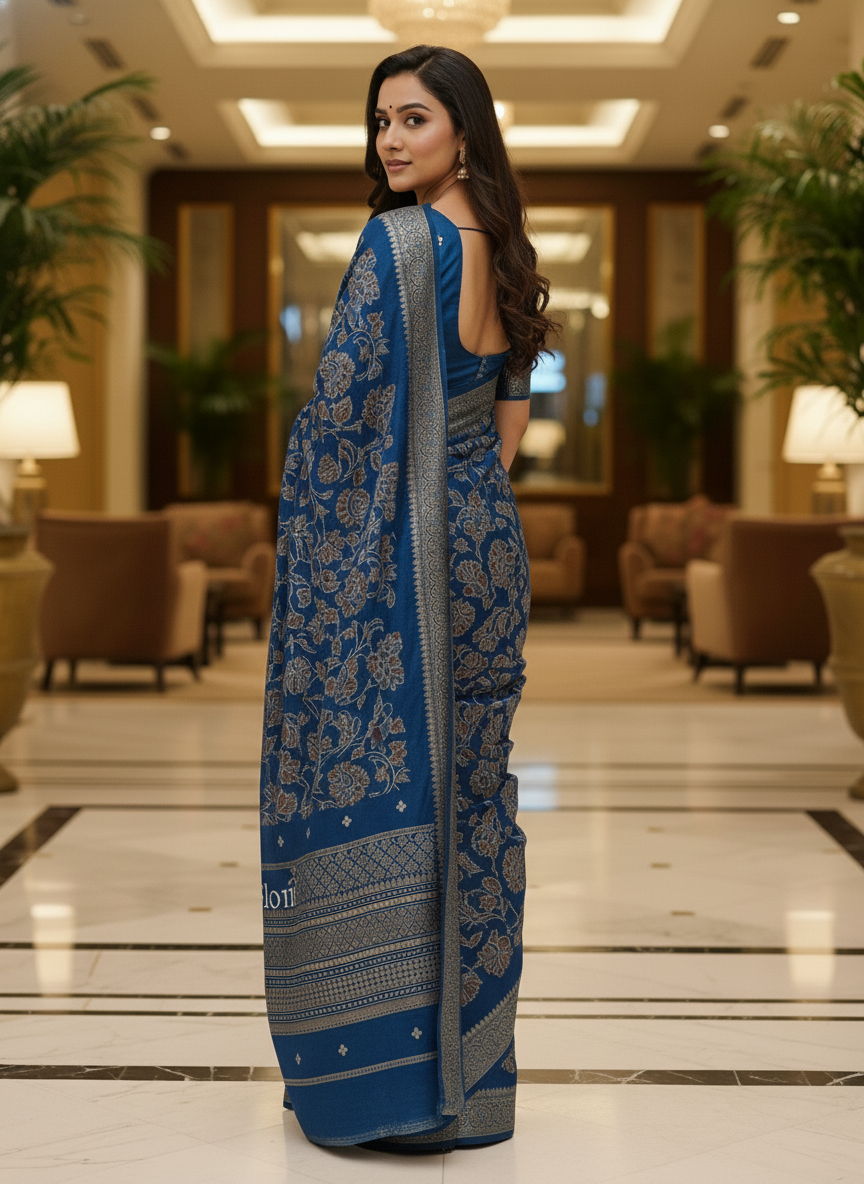 Peacock blue Multicolor Saree with Pattern Print | AS-00108