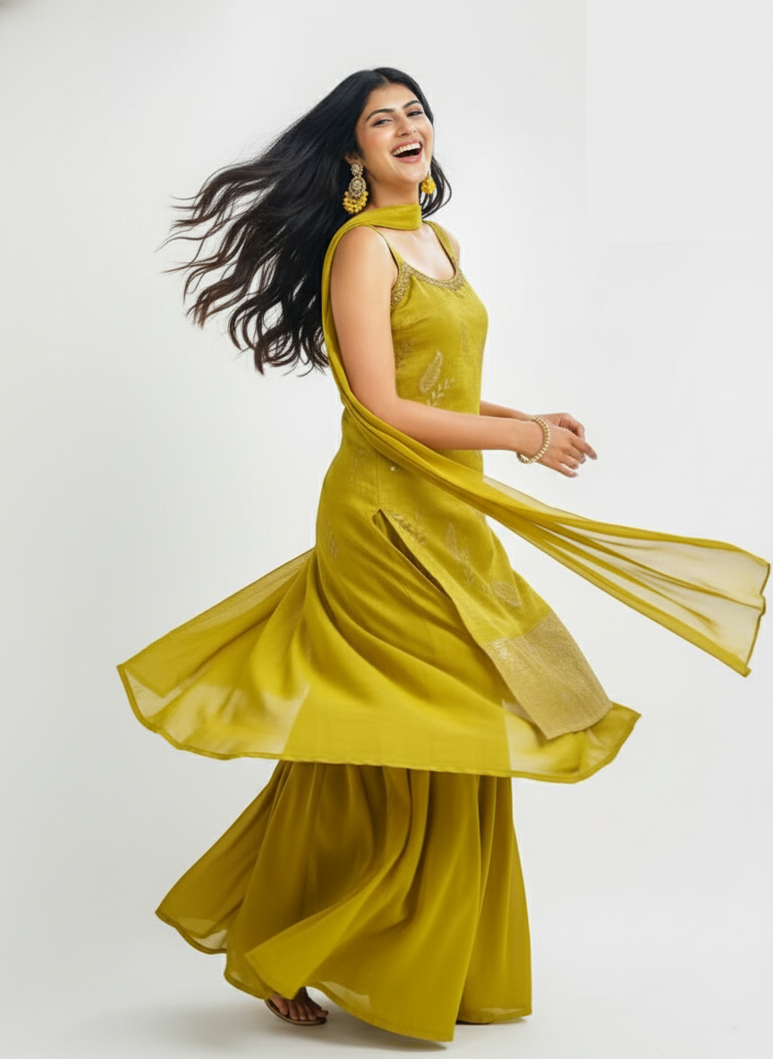 Anu Resham Mustard Palazzo Suit with Dupatta