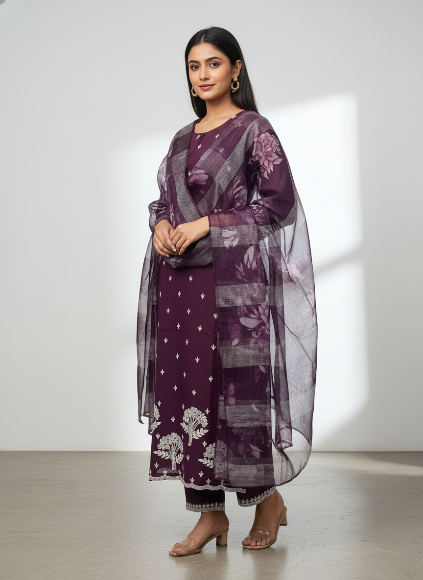 Elegant wine Kurta Set with Banarasi Dupatta| AS-00191