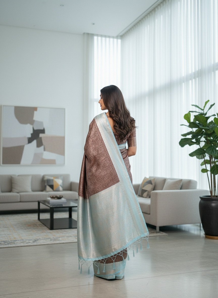 Brown Kanchipuram Silk Saree With Butta Design| AS-00128