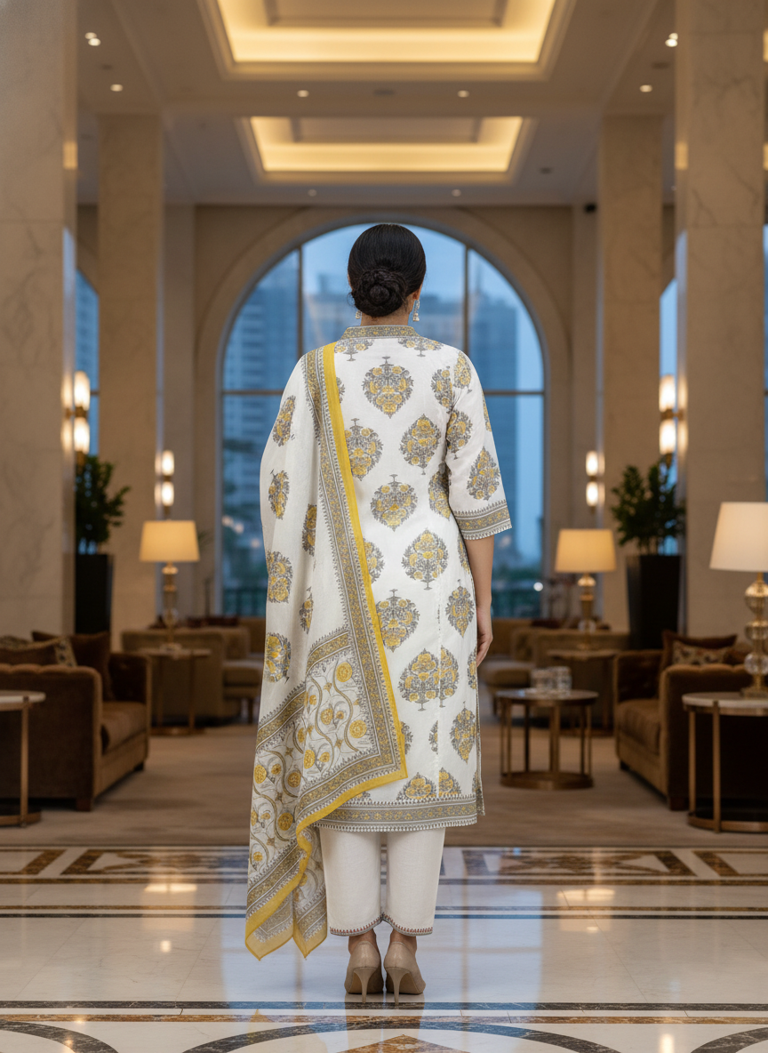 White Cotton Printed kurta set with Dupatta| AS-00158