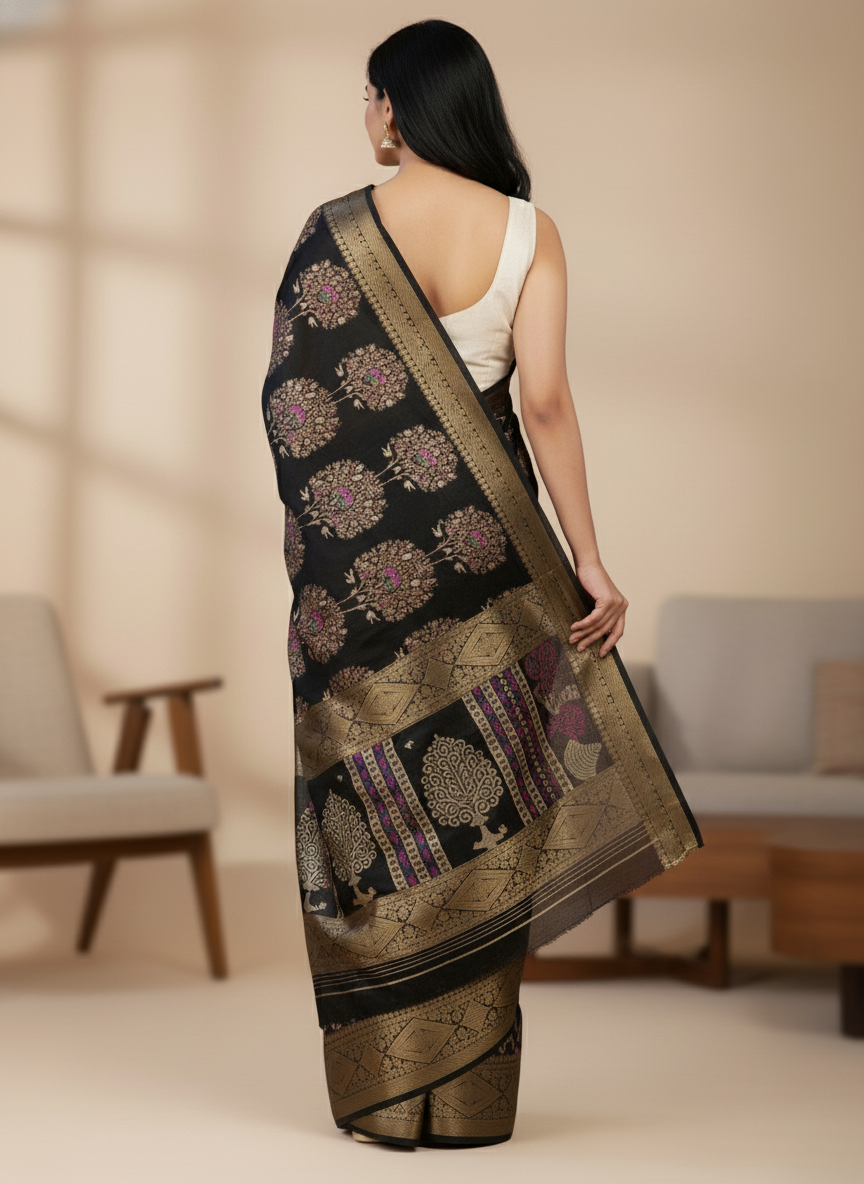 Emerald navy Printed Soft chiffon Saree | AS-0095