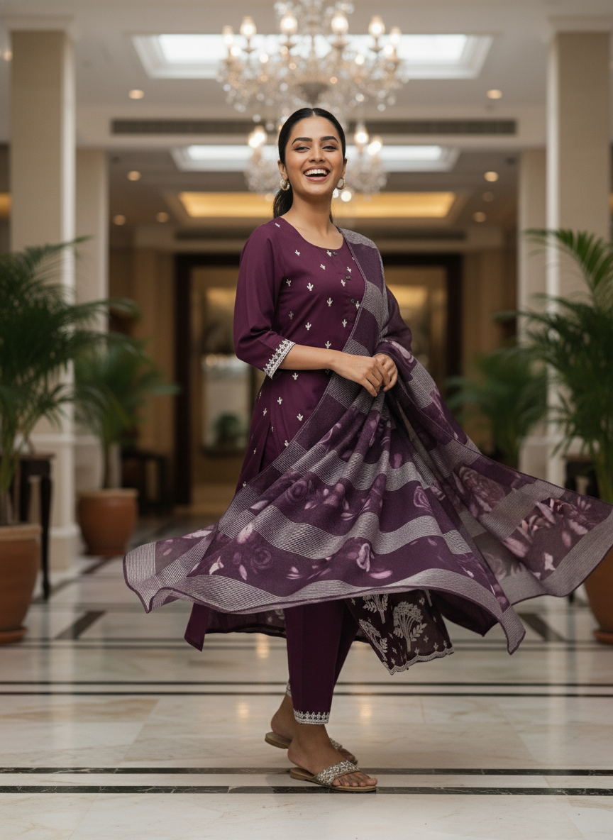 Elegant wine Kurta Set with Banarasi Dupatta| AS-00191