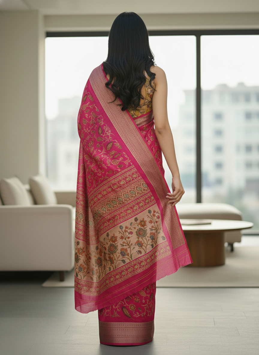 Navy Blue Floral Printed Chiffon Saree with Border| AS-00105