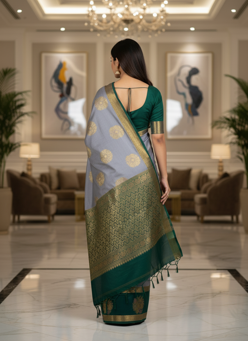 Grey Kanchipuram Brocade Silk Saree With Butta Design| AS-00126