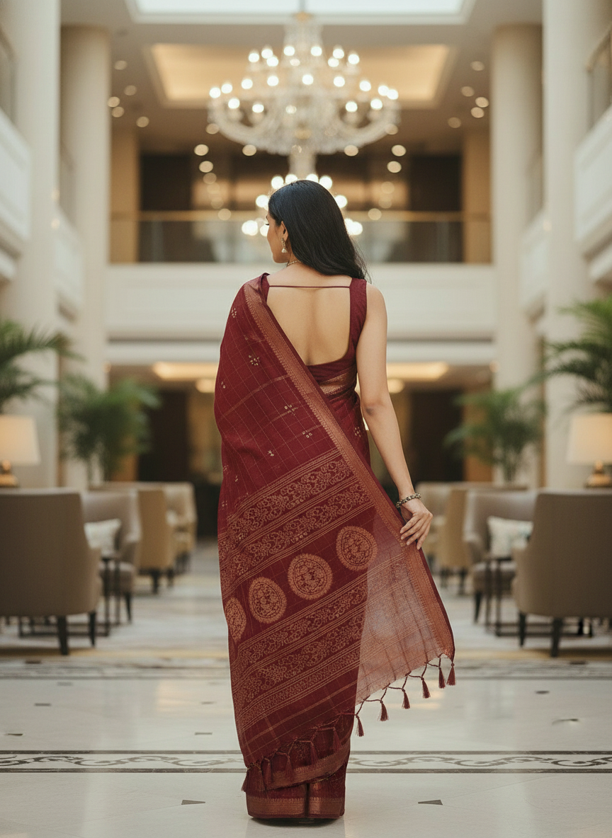 Maroon Floral Printed Chiffon Saree with Border| AS-00102
