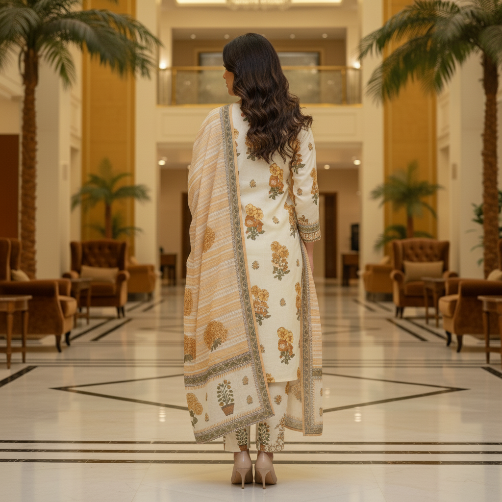 Cream Cotton Printed Salwar Suit with Dupatta| AS-00175