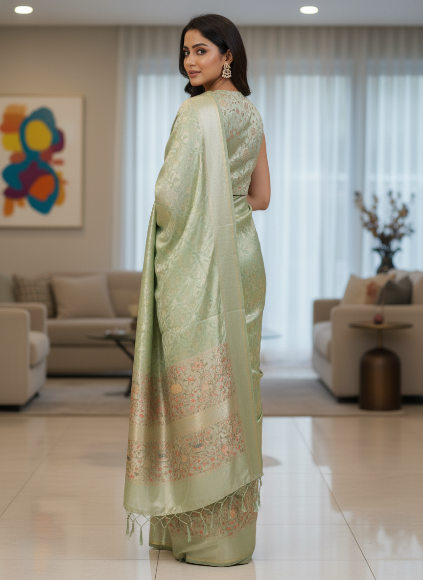 Pista Kanchipuram Silk Saree With Butta Design| AS-00146