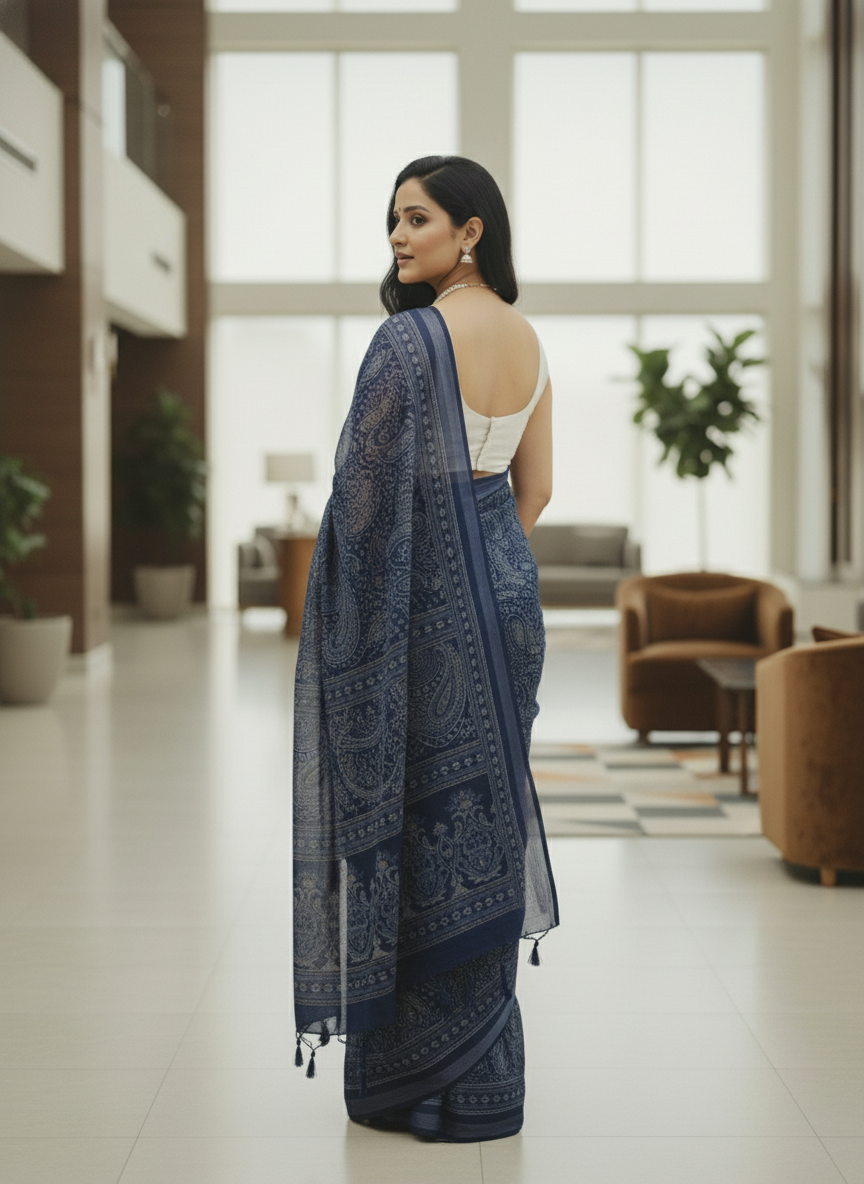 Black Floral Printed Chiffon Saree with Border| AS-00104