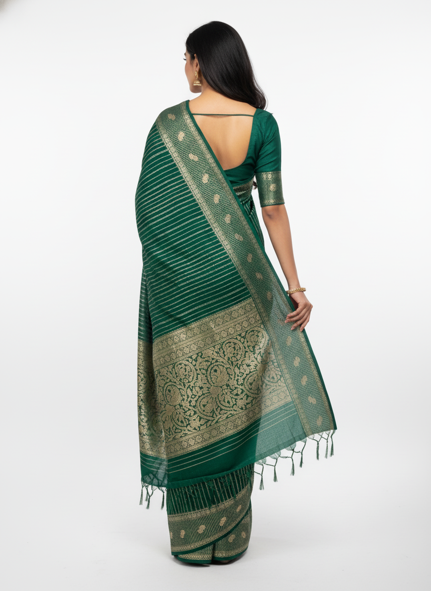 Rama green Silk Saree with Woven Border| AS-00241