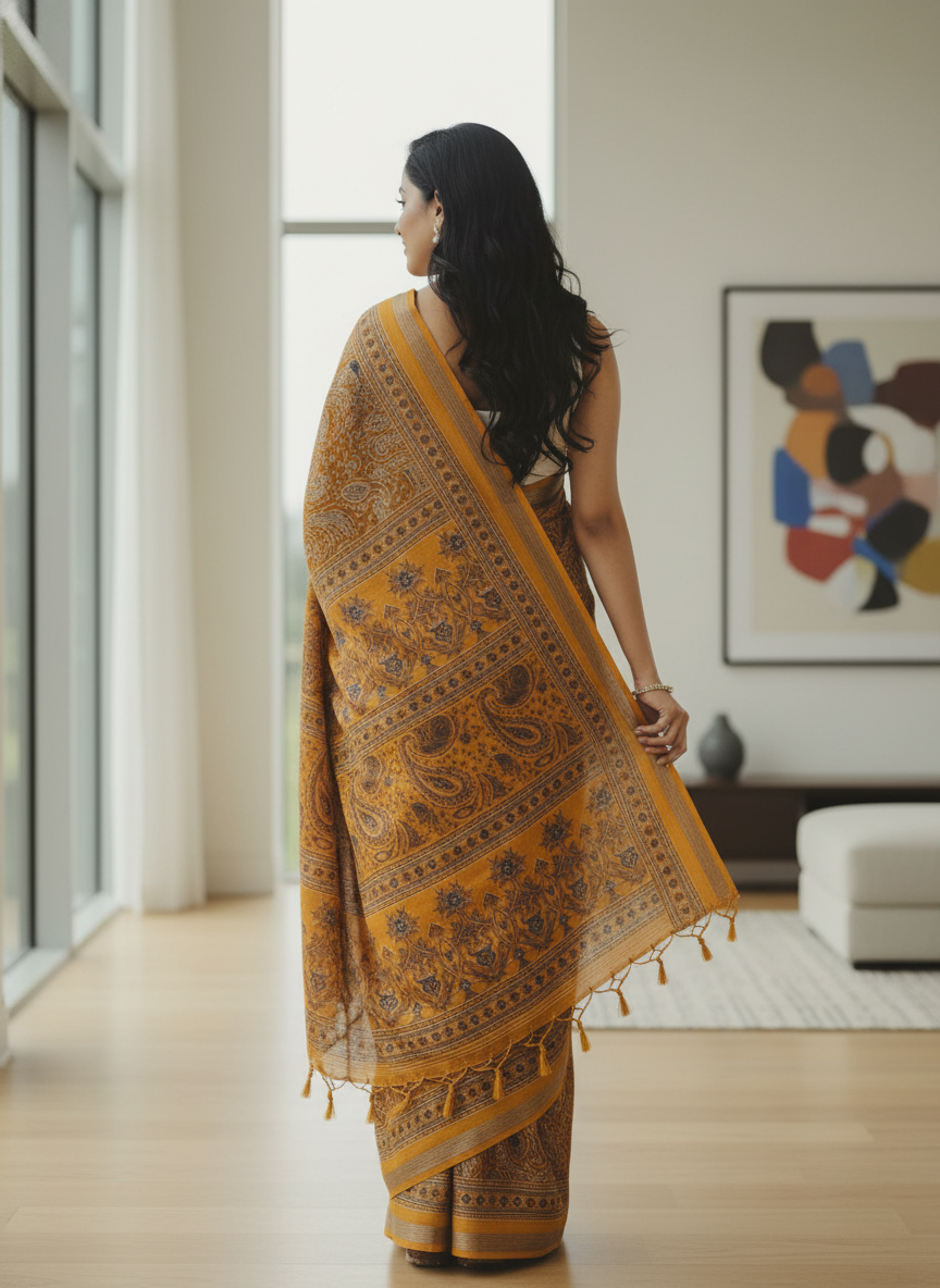 Black Floral Printed Chiffon Saree with Border| AS-00104