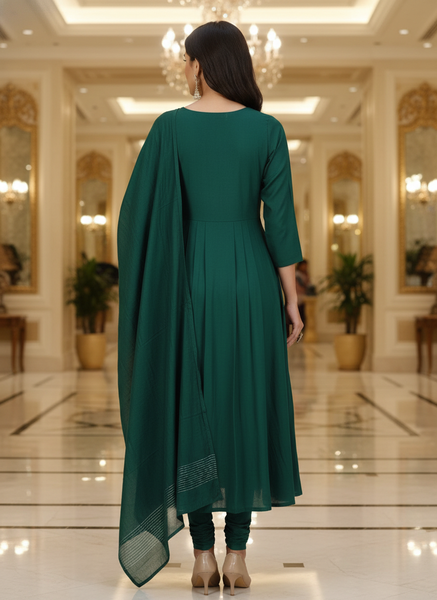 Green Cotton Printed straight Anarkali with Dupatta| AS-00155