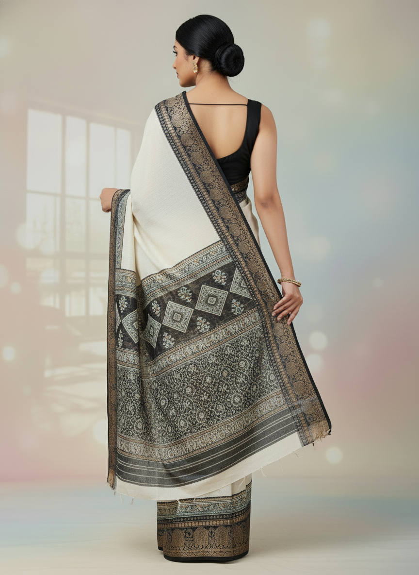 Emerald black border Printed Soft chiffon Saree | AS-0092