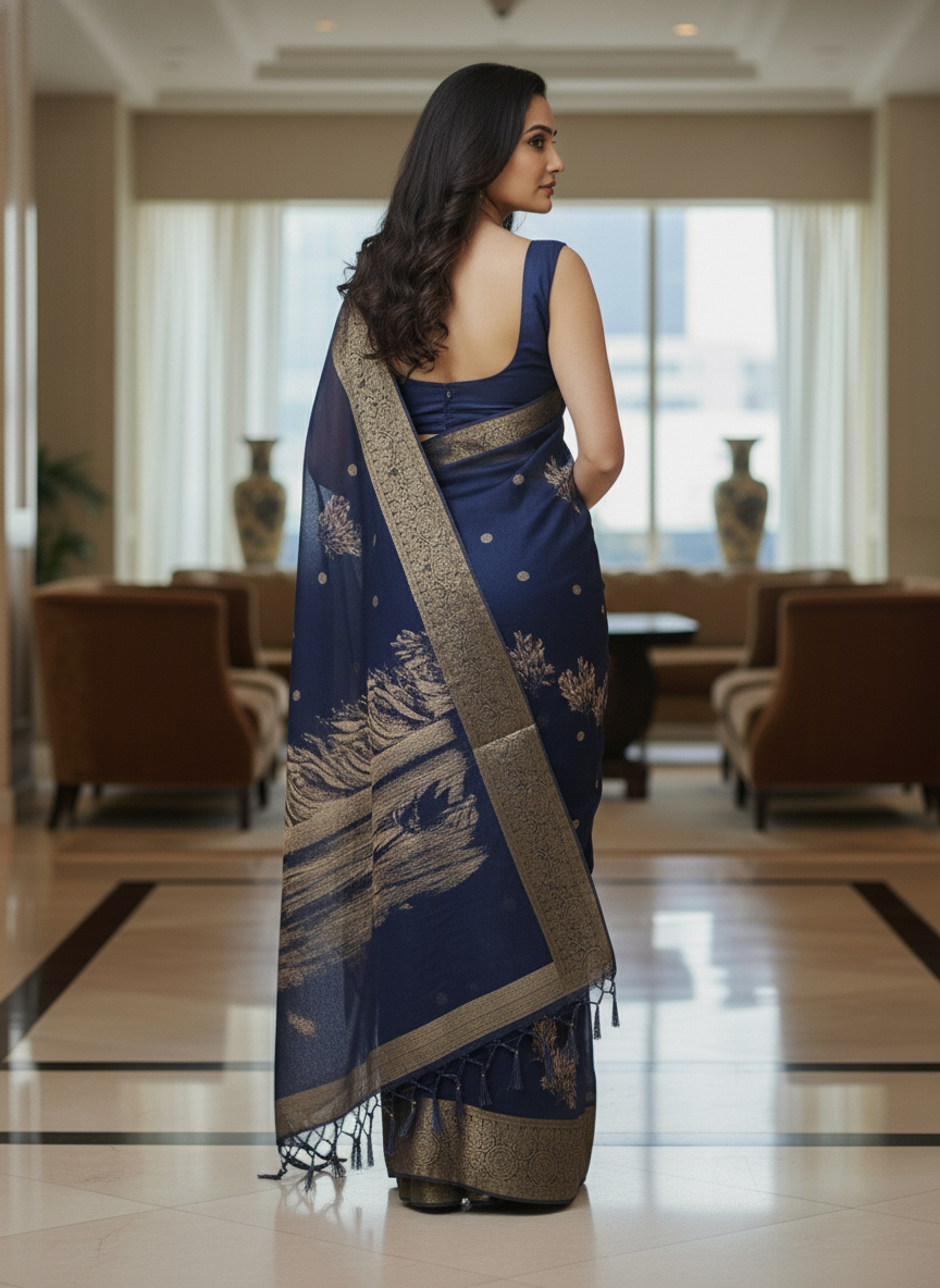 Blue  Floral Printed Chiffon Saree with Border| AS-00101