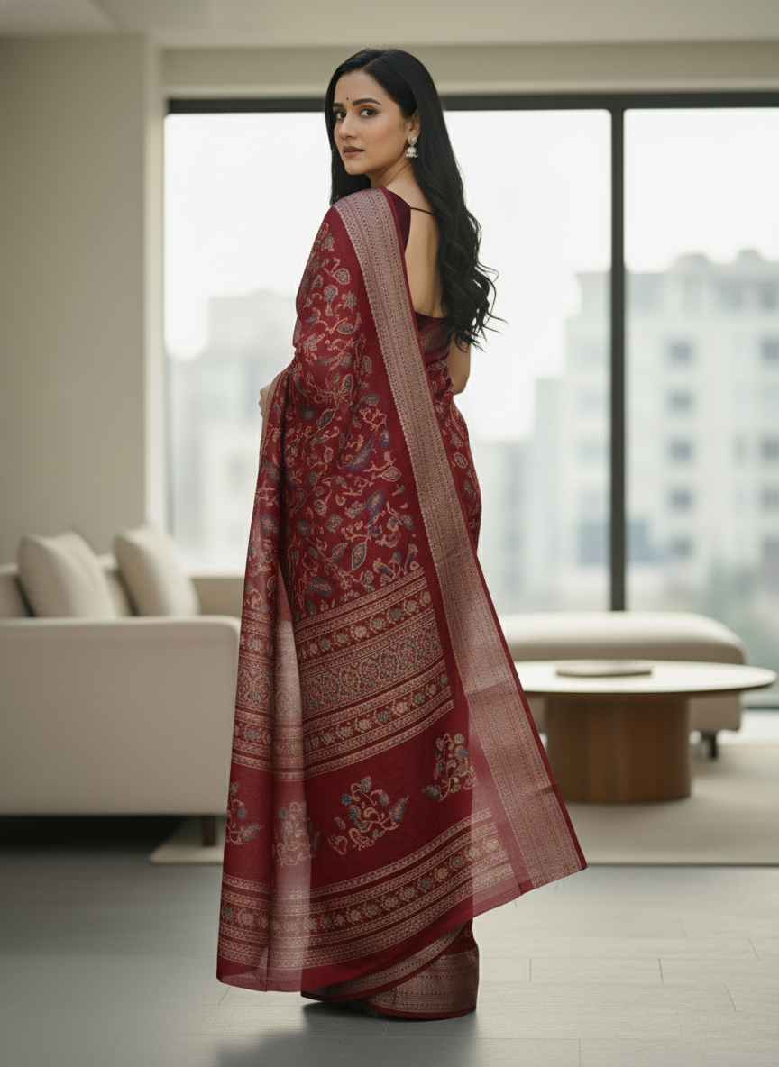Navy Blue Floral Printed Chiffon Saree with Border| AS-00105