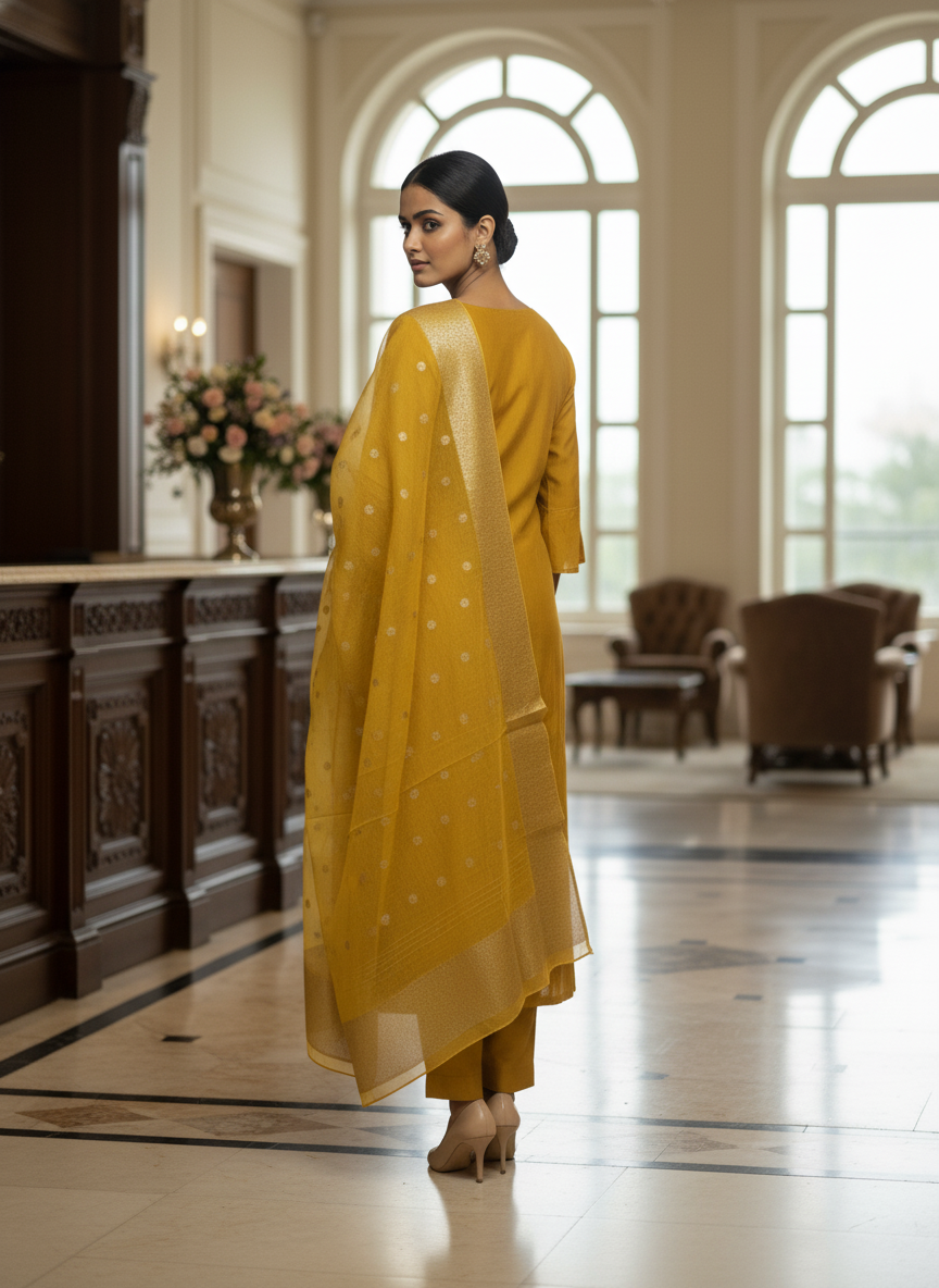 Elegant Mustard Kurta Set with Banarasi Dupatta| AS-00190