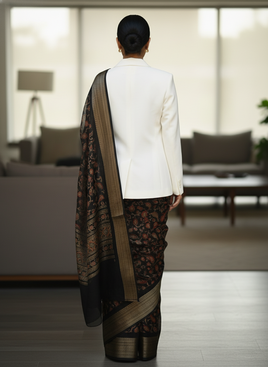 Navy Blue Floral Printed Chiffon Saree with Border| AS-00105