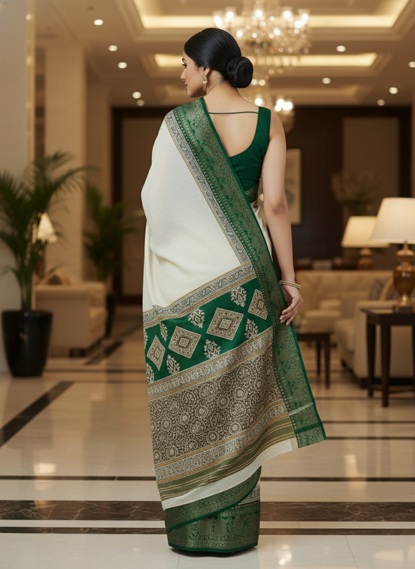 Emerald black border Printed Soft chiffon Saree | AS-0092