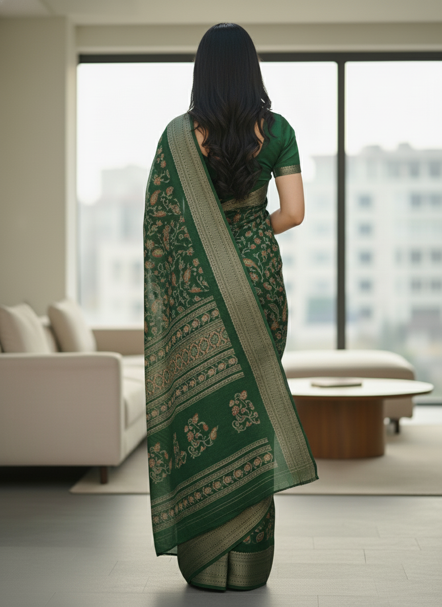 Navy Blue Floral Printed Chiffon Saree with Border| AS-00105