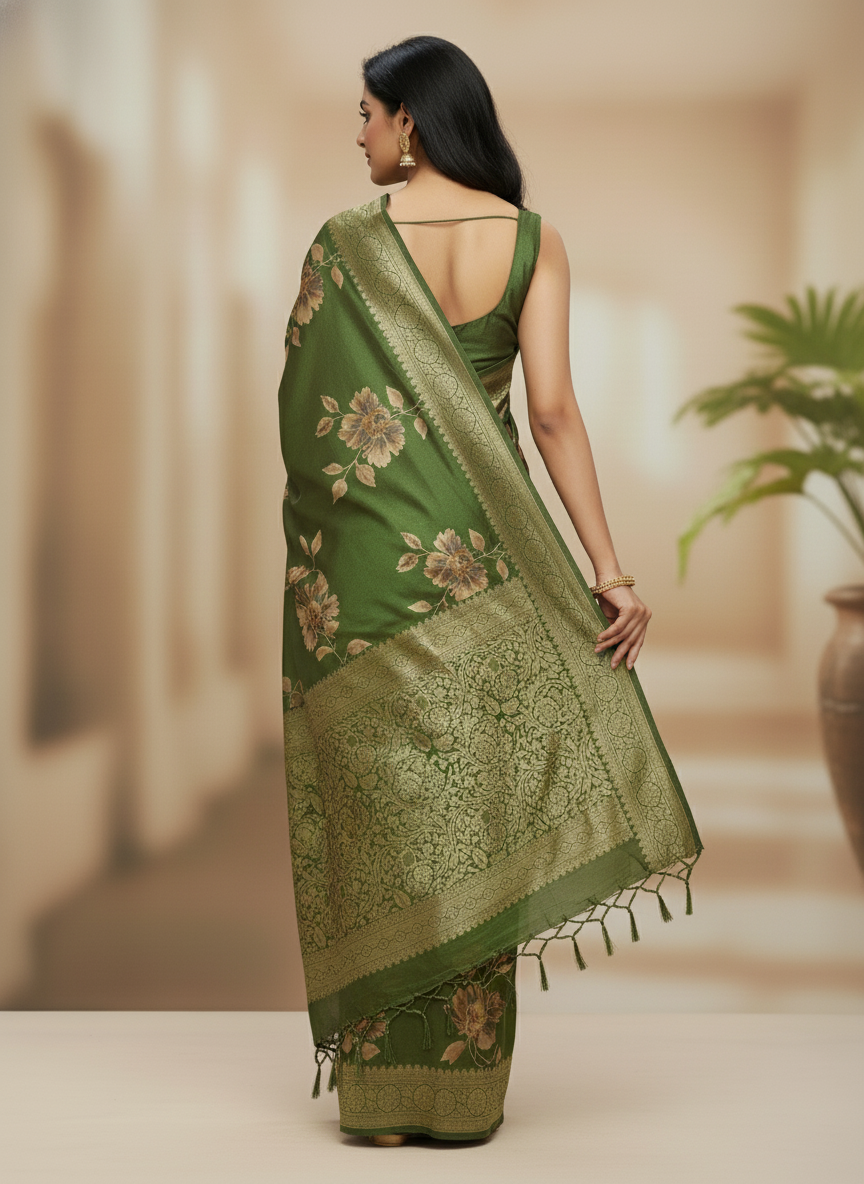 Rani pink  Floral Printed Chiffon Saree with Border| AS-00106