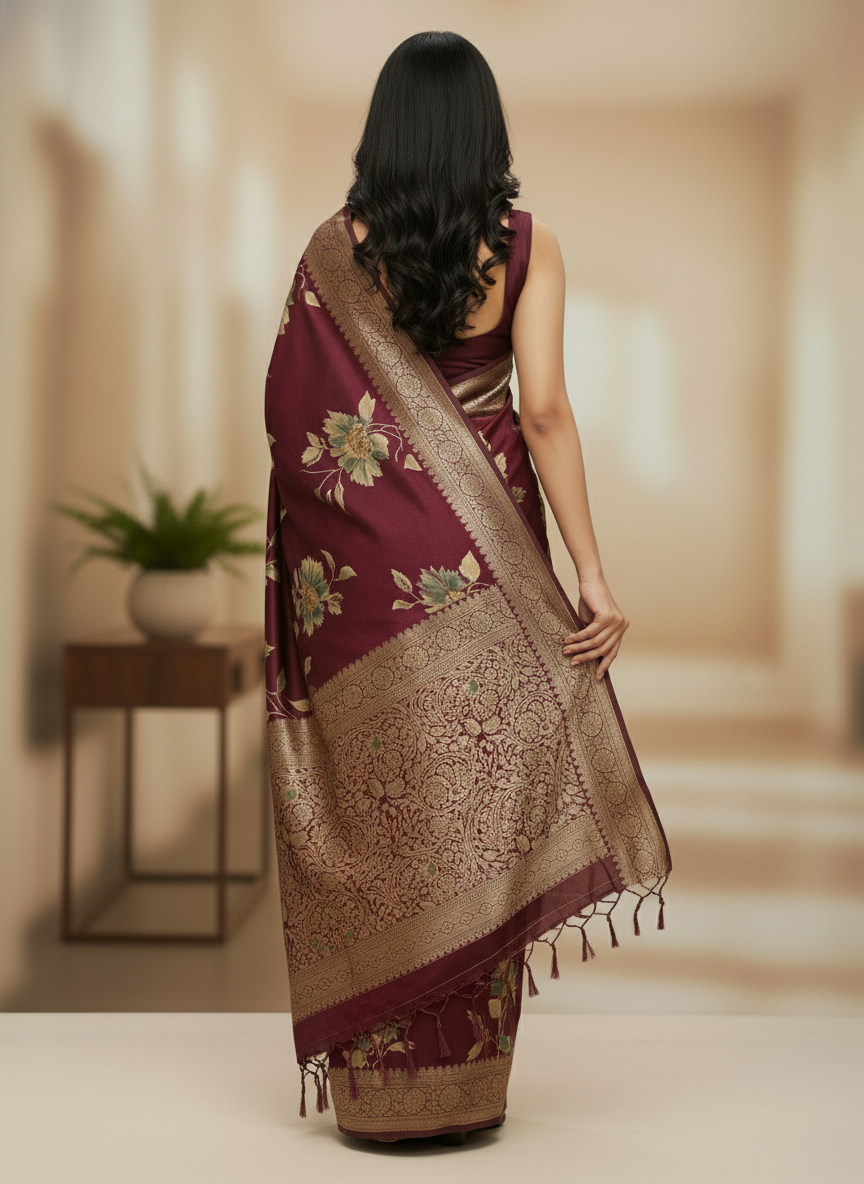 Rani pink  Floral Printed Chiffon Saree with Border| AS-00106
