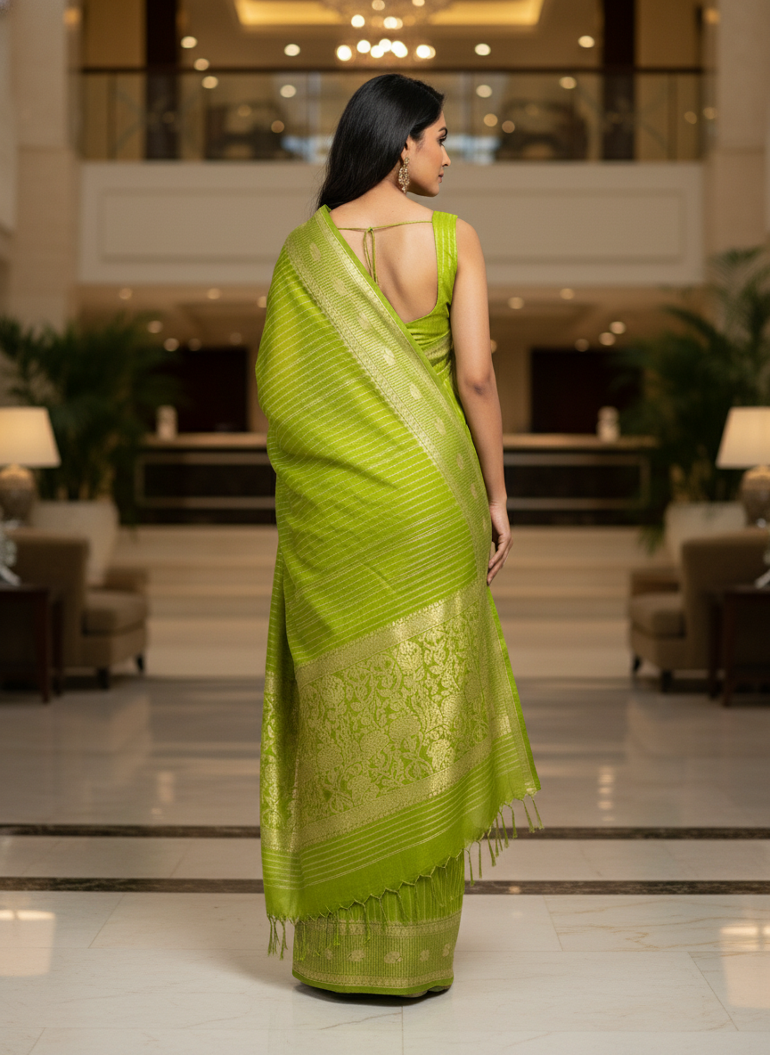 Rama green Silk Saree with Woven Border| AS-00241