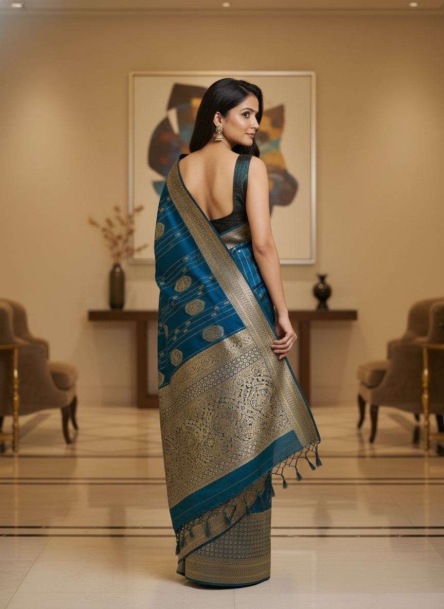 Navy Semi Silk Saree with Woven Border| AS-00247