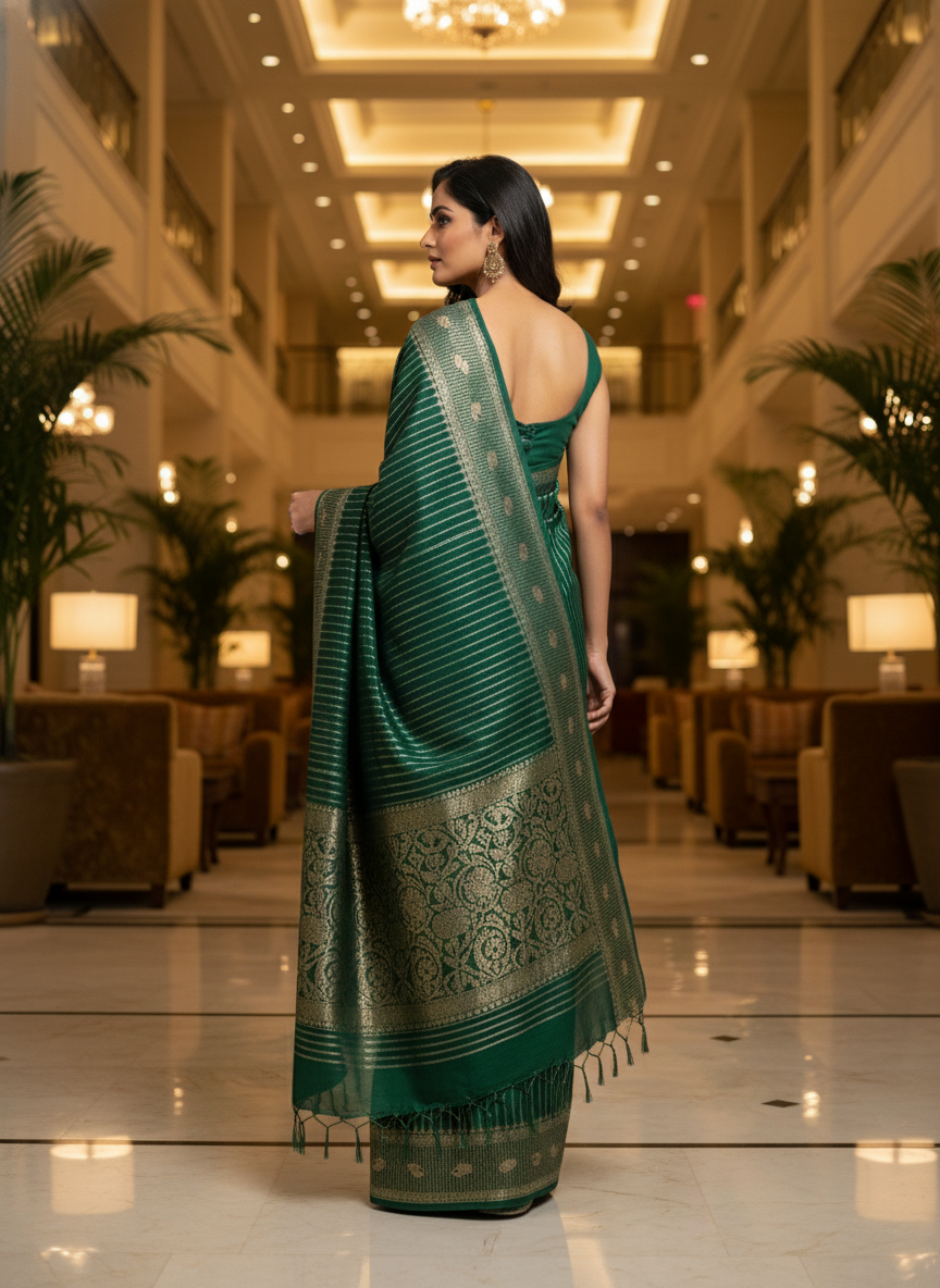 Rama green Silk Saree with Woven Border| AS-00241
