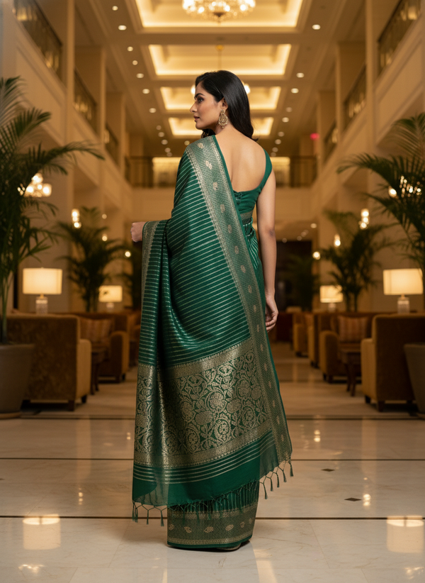 Rama green Silk Saree with Woven Border| AS-00241