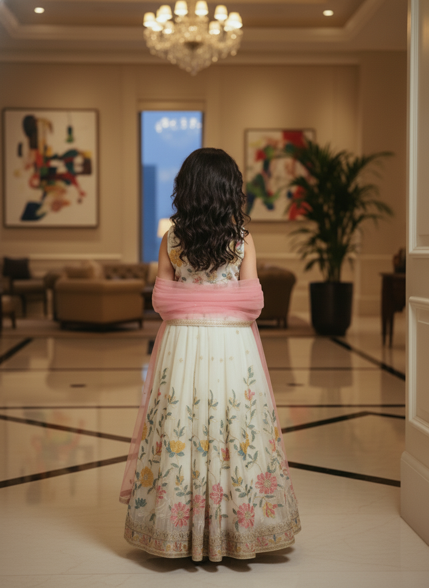 Girls' Cream Floral Anarkali Gown | 3009